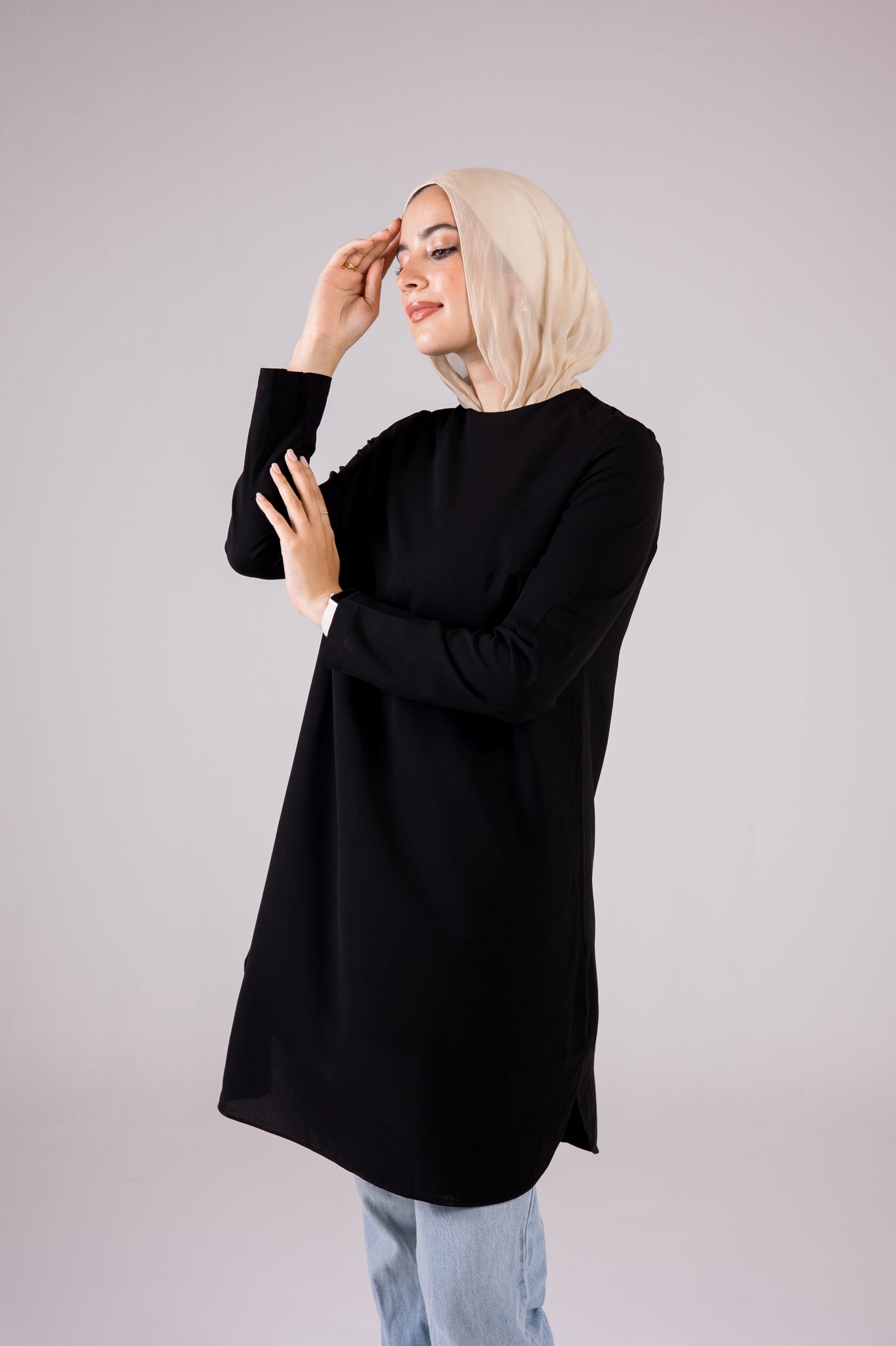 Long-sleeve Crepe Crewneck Long-length Top