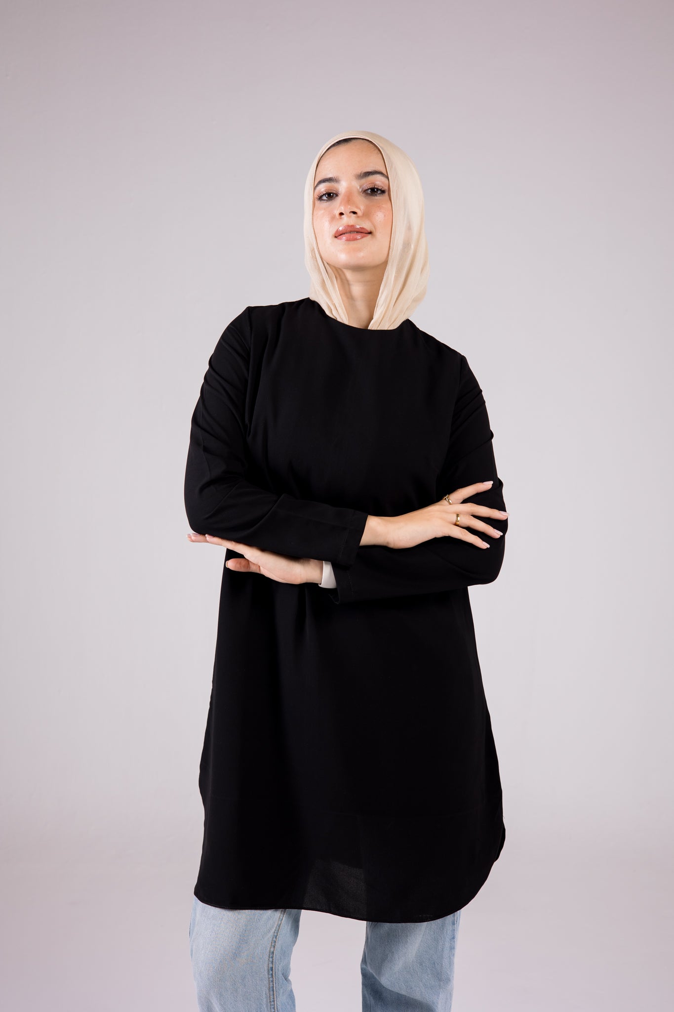 Dressy Top Long Length Long Sleeve crewneck - Monochrome