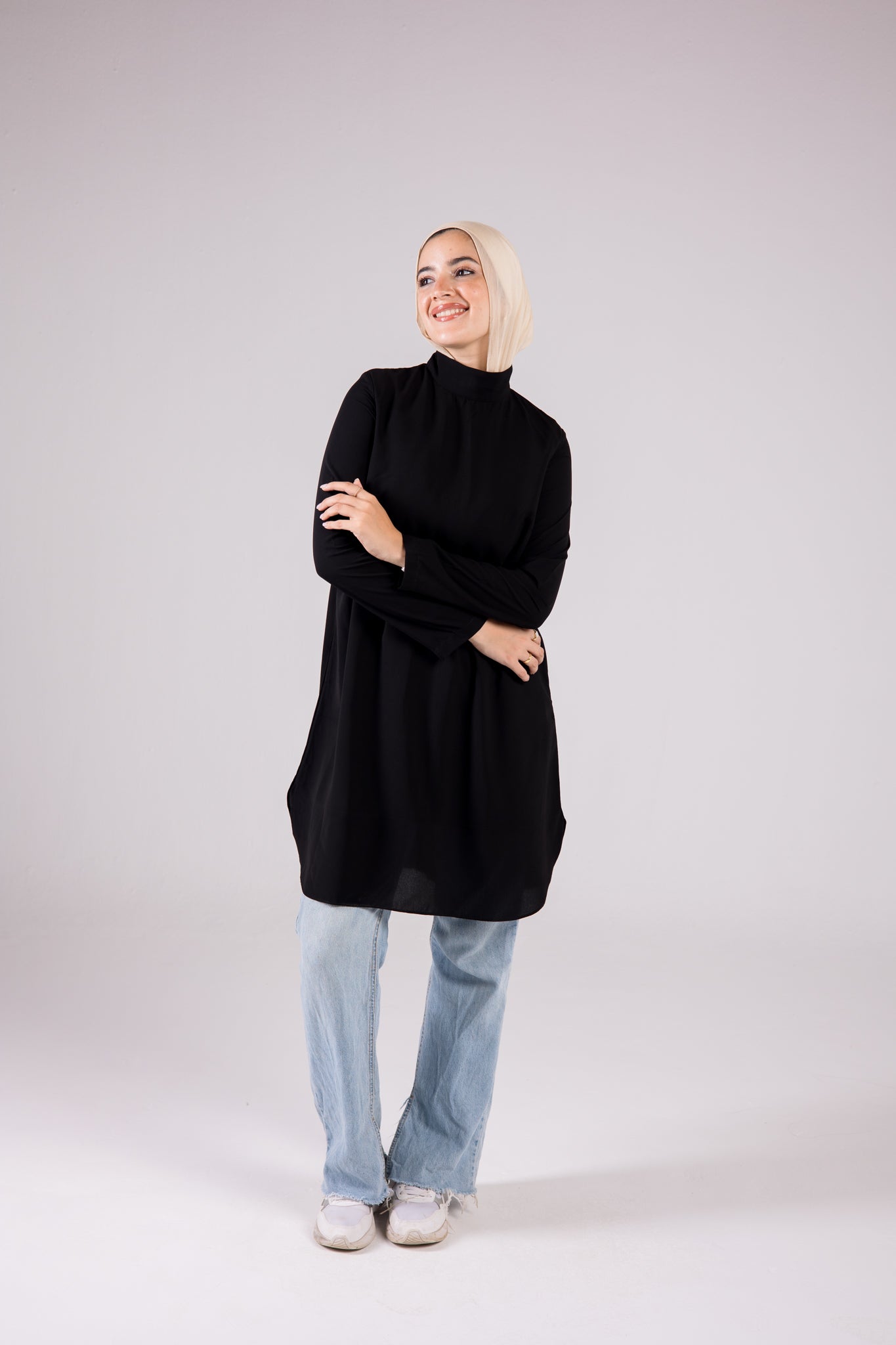 Long-sleeve Crepe Turtleneck Long-length Top