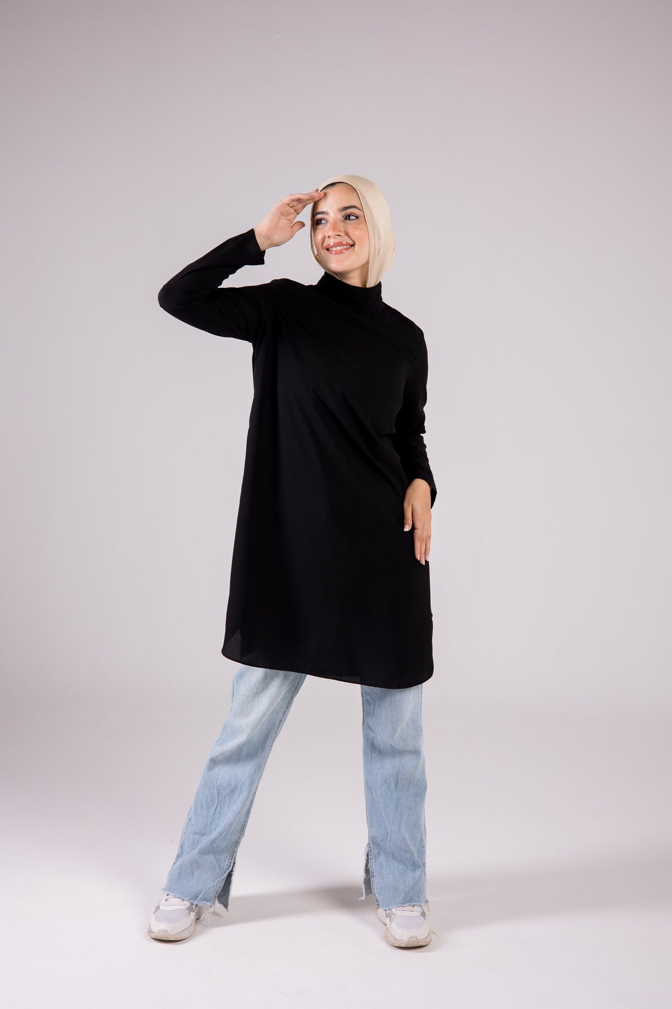 Long-sleeve Crepe Turtleneck Long-length Top