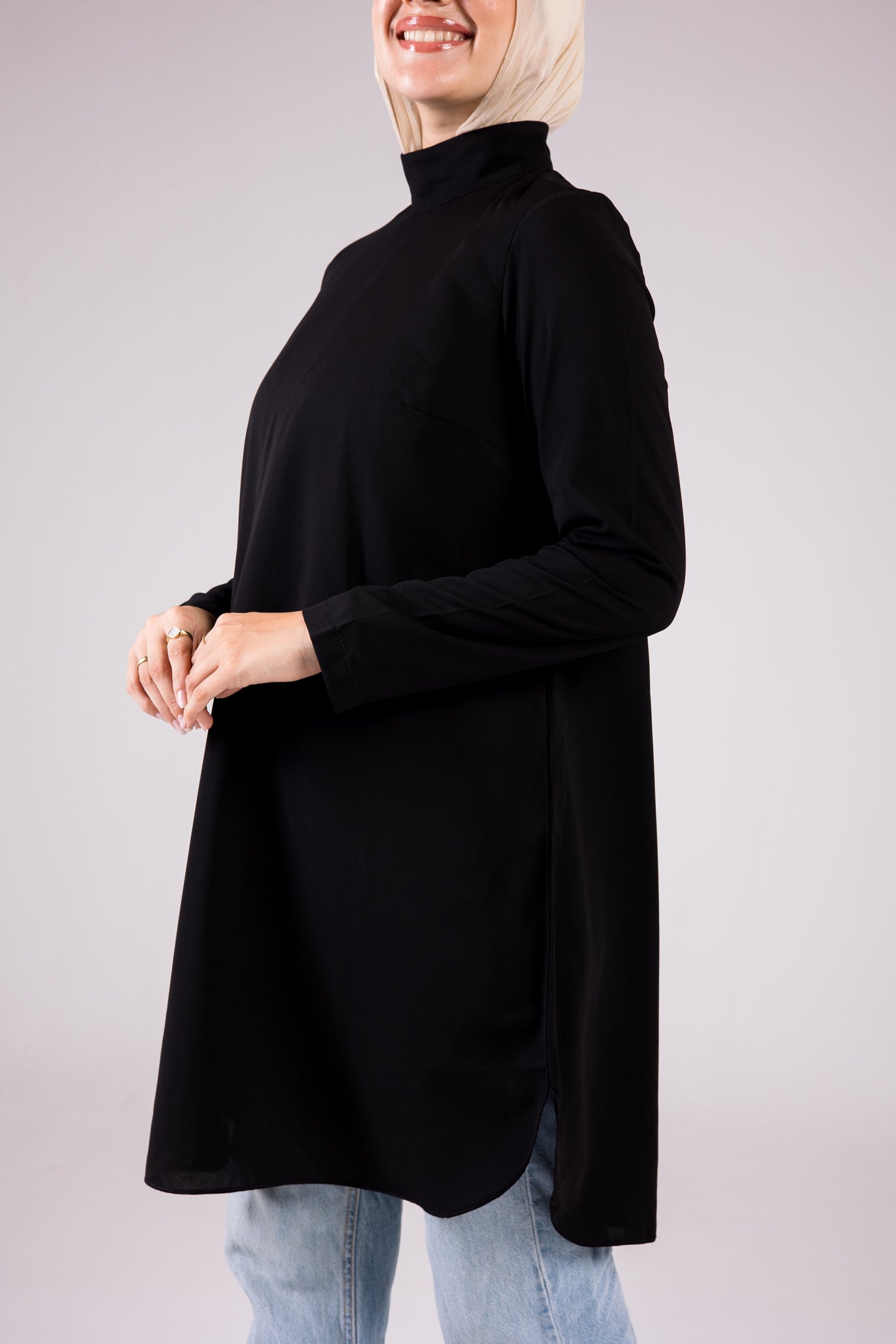 Long-sleeve Crepe Turtleneck Long-length Top