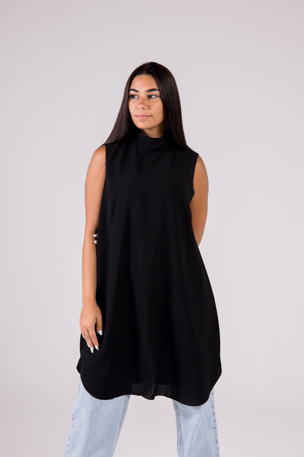 Dressy Top Long Length Sleeveless turtleneck - Monochrome