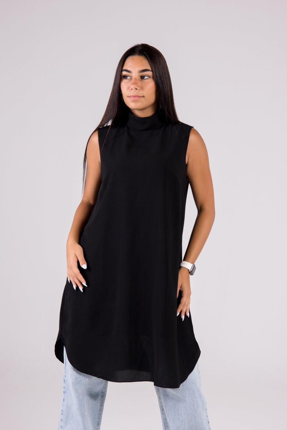 Dressy Top Long Length Sleeveless turtleneck - Monochrome