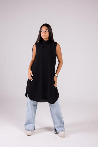 Sleeveless Crepe Turtleneck Long-length Top Monochrome