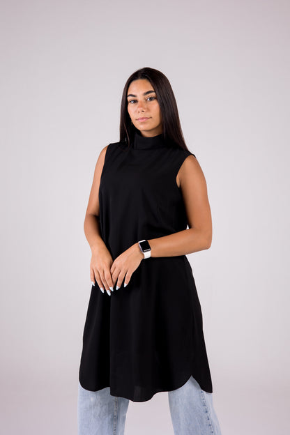 Sleeveless Crepe Turtleneck Long-length Top Monochrome