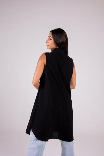 Sleeveless Crepe Turtleneck Long-length Top Monochrome