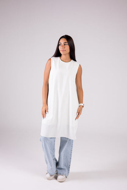 Sleeveless Crepe Crewneck Long-length Top