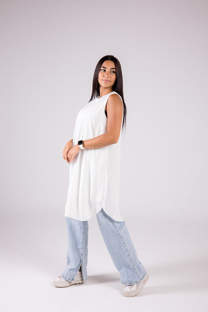 Sleeveless Crepe Crewneck Long-length Top