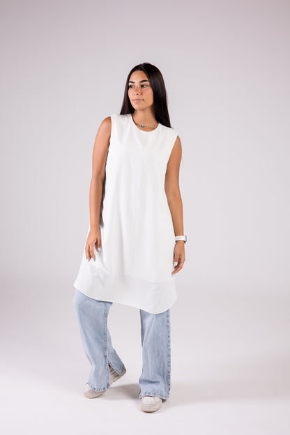 Sleeveless Crepe Crewneck Long-length Top