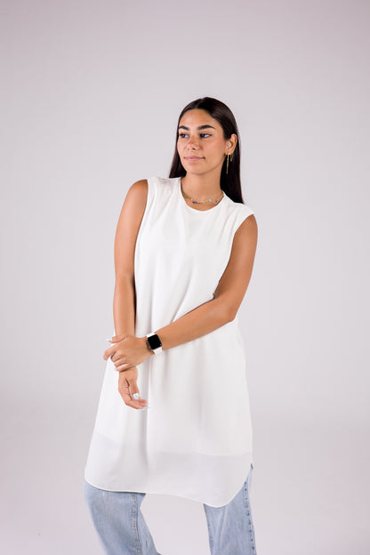 Sleeveless Crepe Crewneck Long-length Top