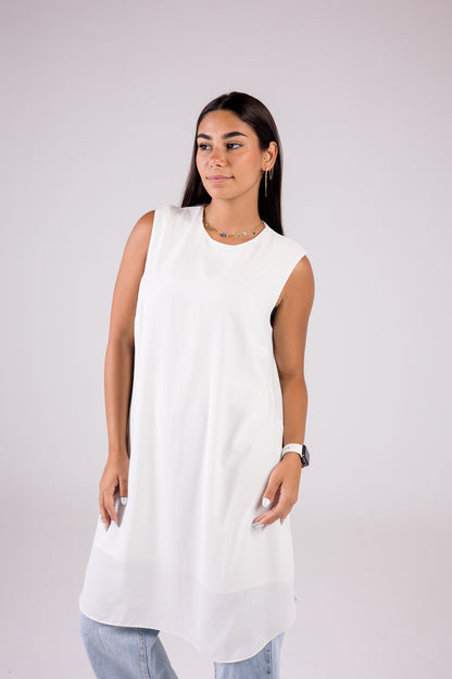 Sleeveless Crepe Crewneck Long-length Top