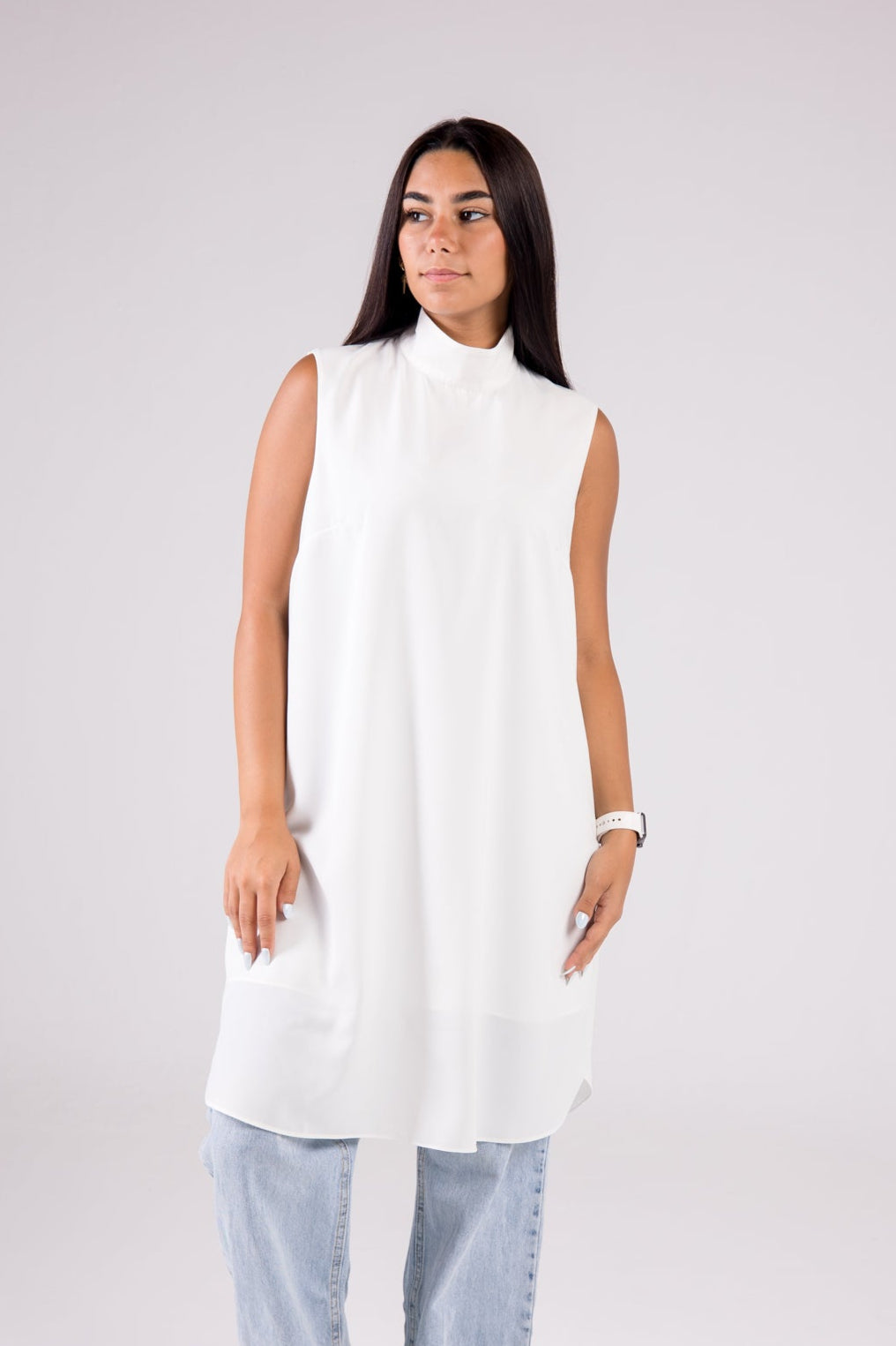 Dressy Top Long Length Sleeveless turtleneck - Monochrome