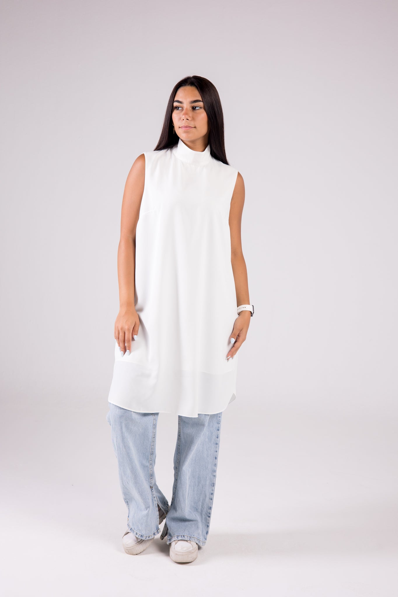 Sleeveless Crepe Turtleneck Long-length Top Monochrome