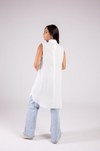 Sleeveless Crepe Turtleneck Long-length Top Monochrome