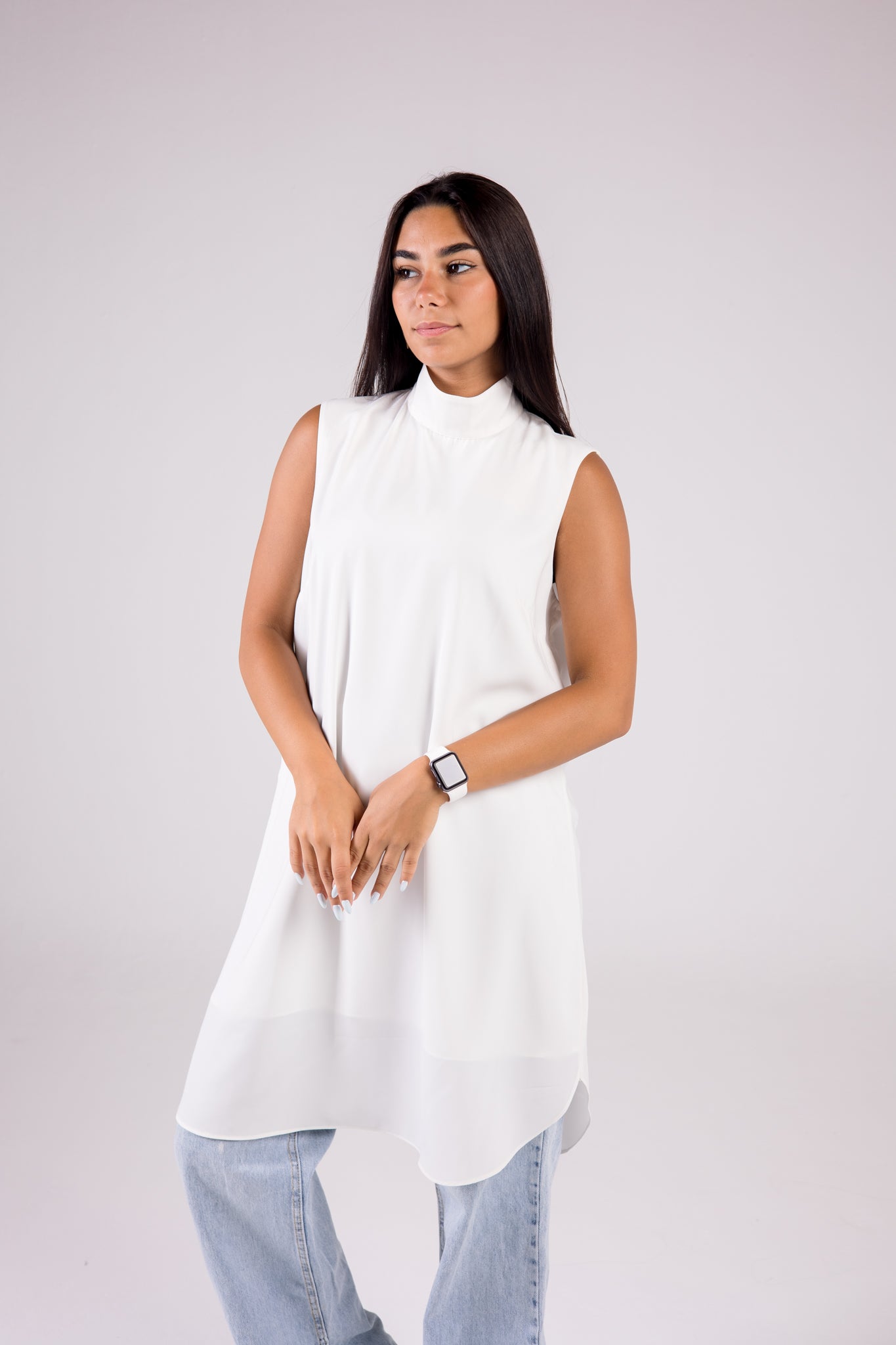 Sleeveless Crepe Turtleneck Long-length Top Monochrome