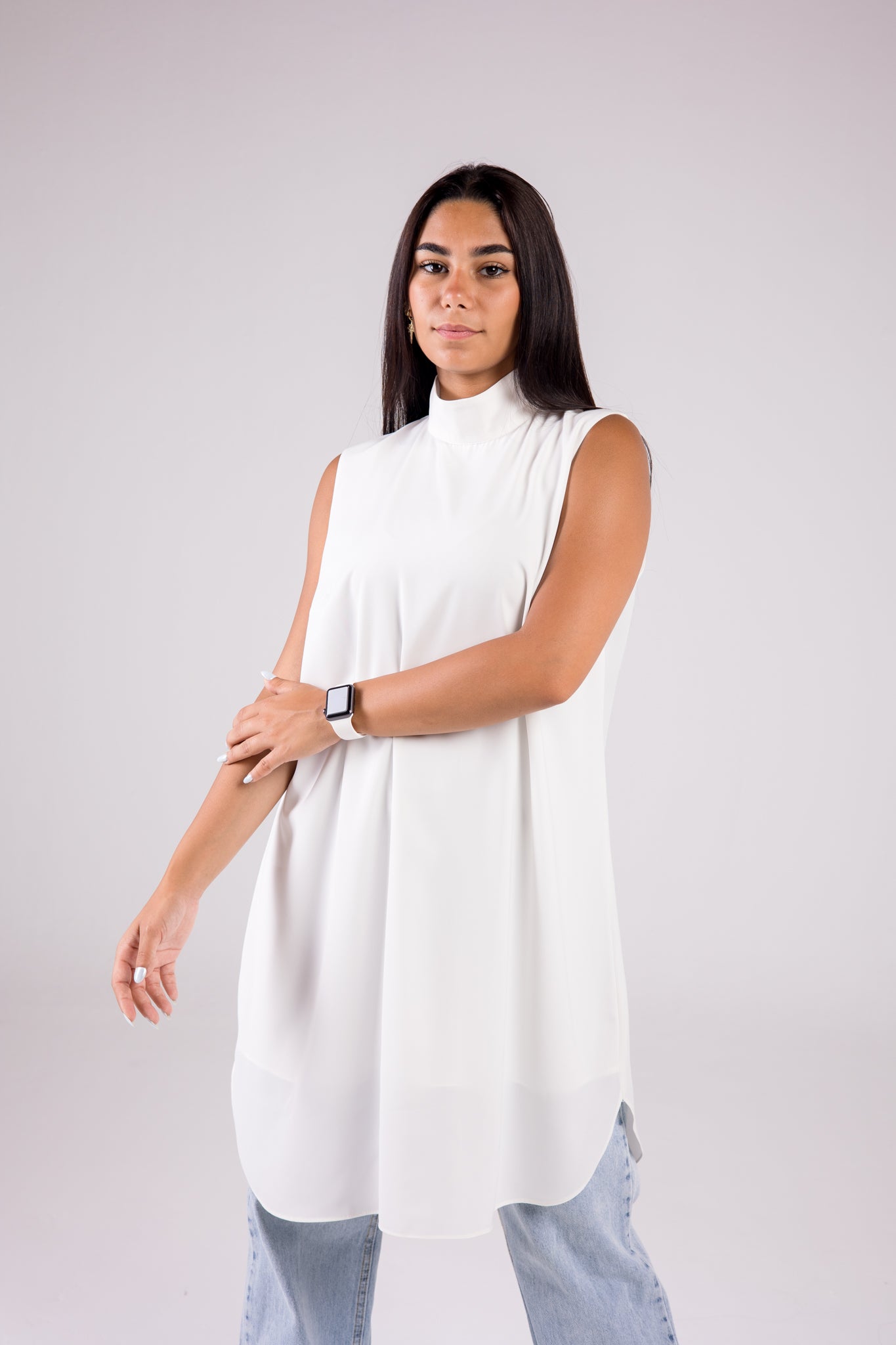 Sleeveless Crepe Turtleneck Long-length Top Monochrome