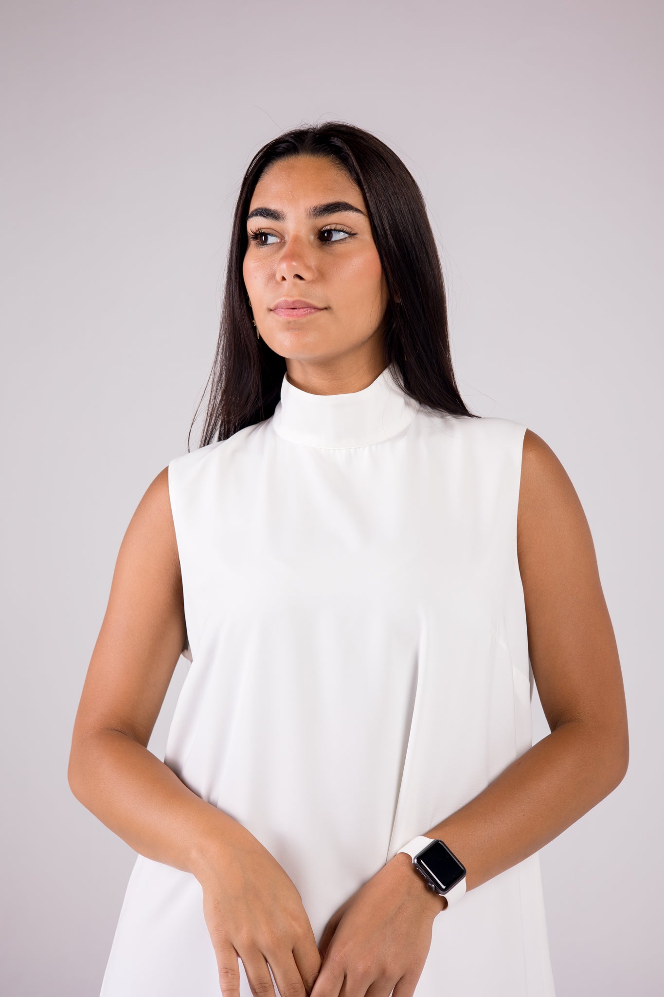 Sleeveless Crepe Turtleneck Long-length Top Monochrome