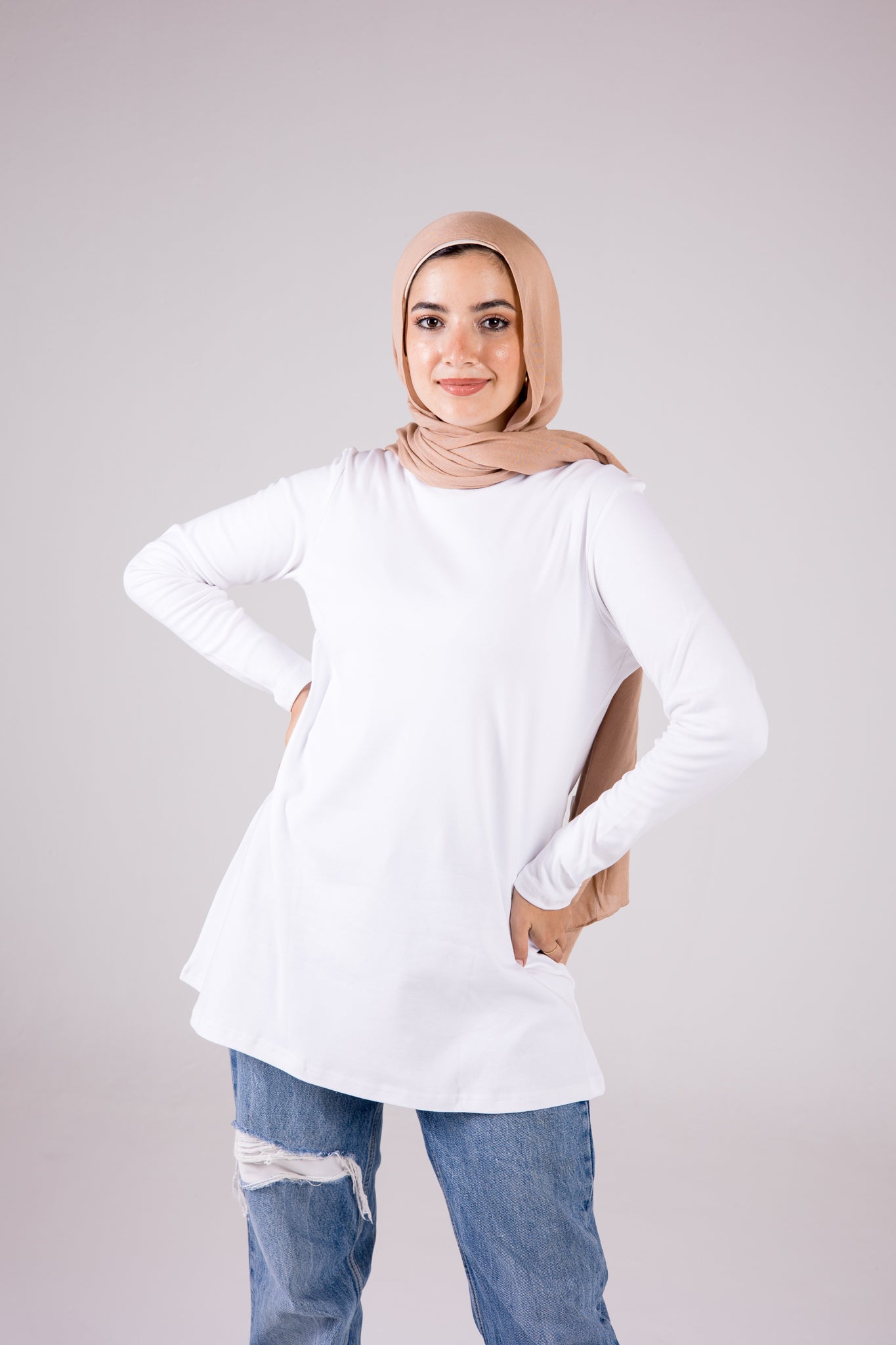 Long-sleeve Cotton Crewneck Medium-length Top