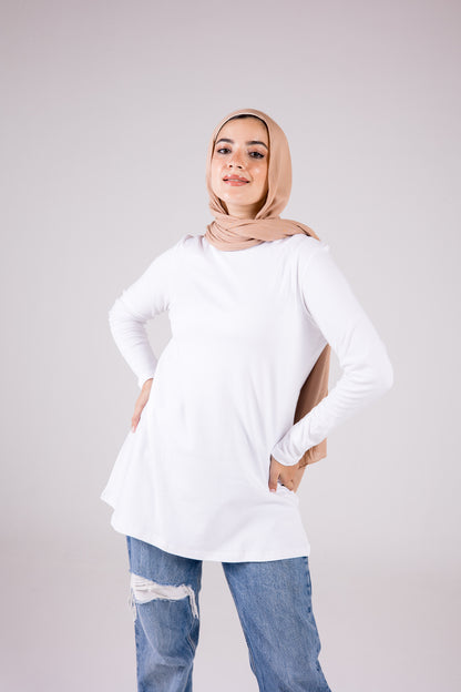 Long-sleeve Cotton Crewneck Medium-length Top