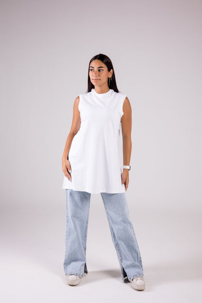 Sleeveless Cotton Crewneck Medium-length Top Monochrome