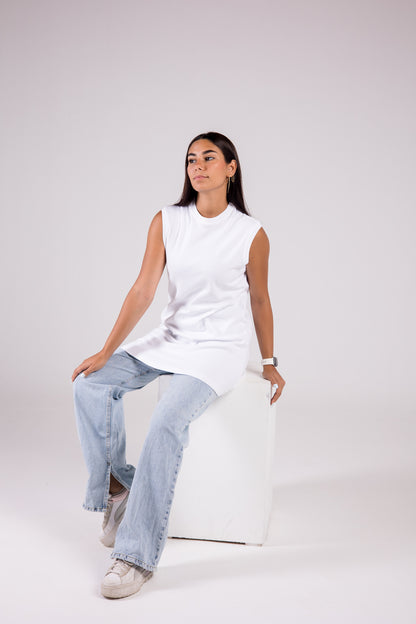 Sleeveless Cotton Crewneck Medium-length Top Monochrome