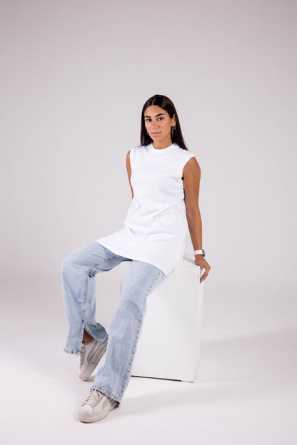 Sleeveless Cotton Crewneck Medium-length Top Monochrome