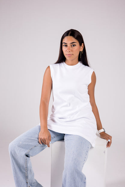 Sleeveless Cotton Crewneck Medium-length Top Monochrome