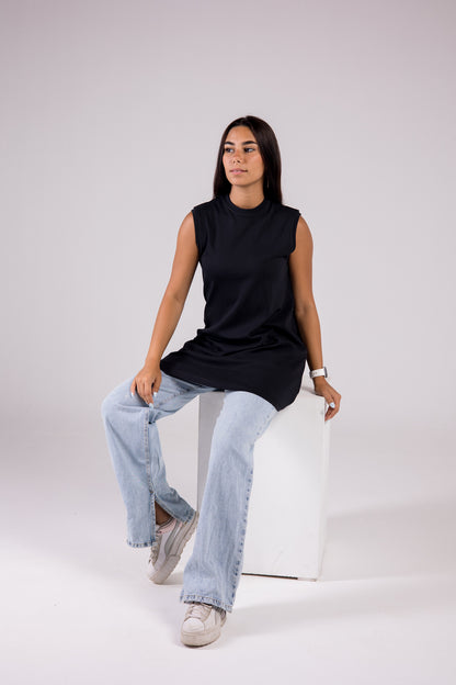 Sleeveless Cotton Crewneck Medium-length Top Monochrome