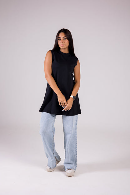 Sleeveless Cotton Crewneck Medium-length Top Monochrome