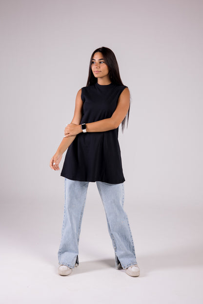 Sleeveless Cotton Crewneck Medium-length Top Monochrome