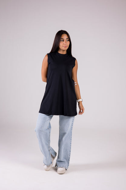 Sleeveless Cotton Crewneck Medium-length Top Monochrome