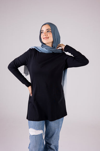 Long-sleeve Cotton Crewneck Medium-length Top