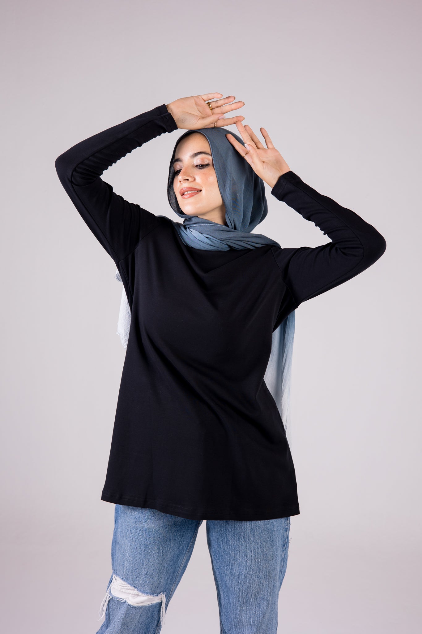 Long-sleeve Cotton Crewneck Medium-length Top