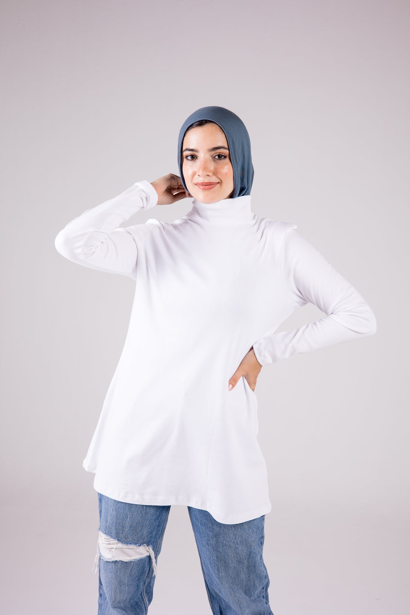 Long-sleeve Cotton Turtleneck Medium-length Top