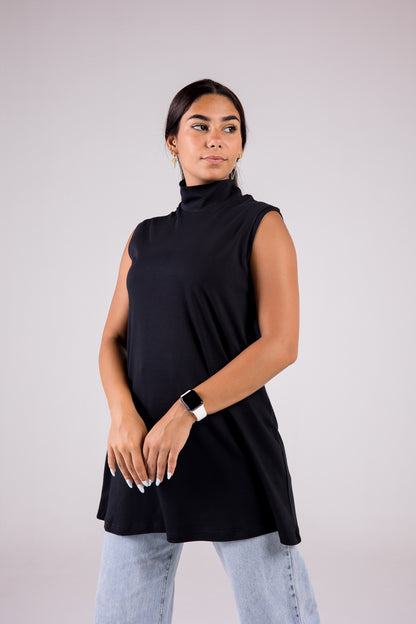 Sleeveless Cotton Turtleneck Medium-length Top Monochrome