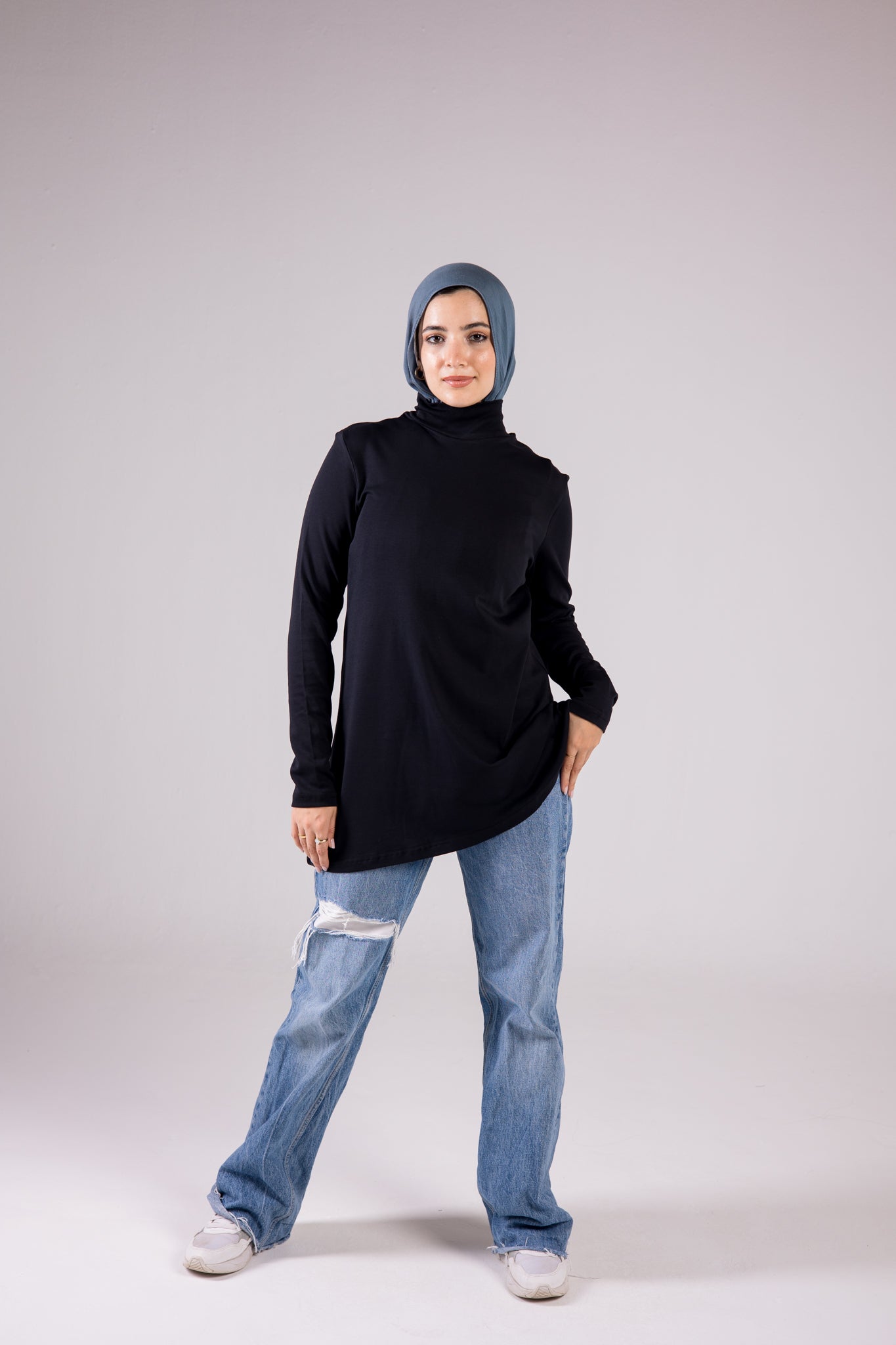 Long-sleeve Cotton Turtleneck Medium-length Top