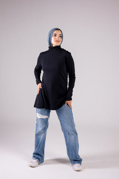 Long-sleeve Cotton Turtleneck Medium-length Top