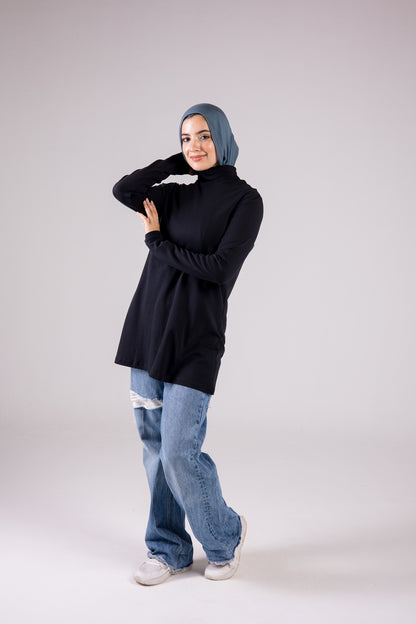 Long-sleeve Cotton Turtleneck Medium-length Top