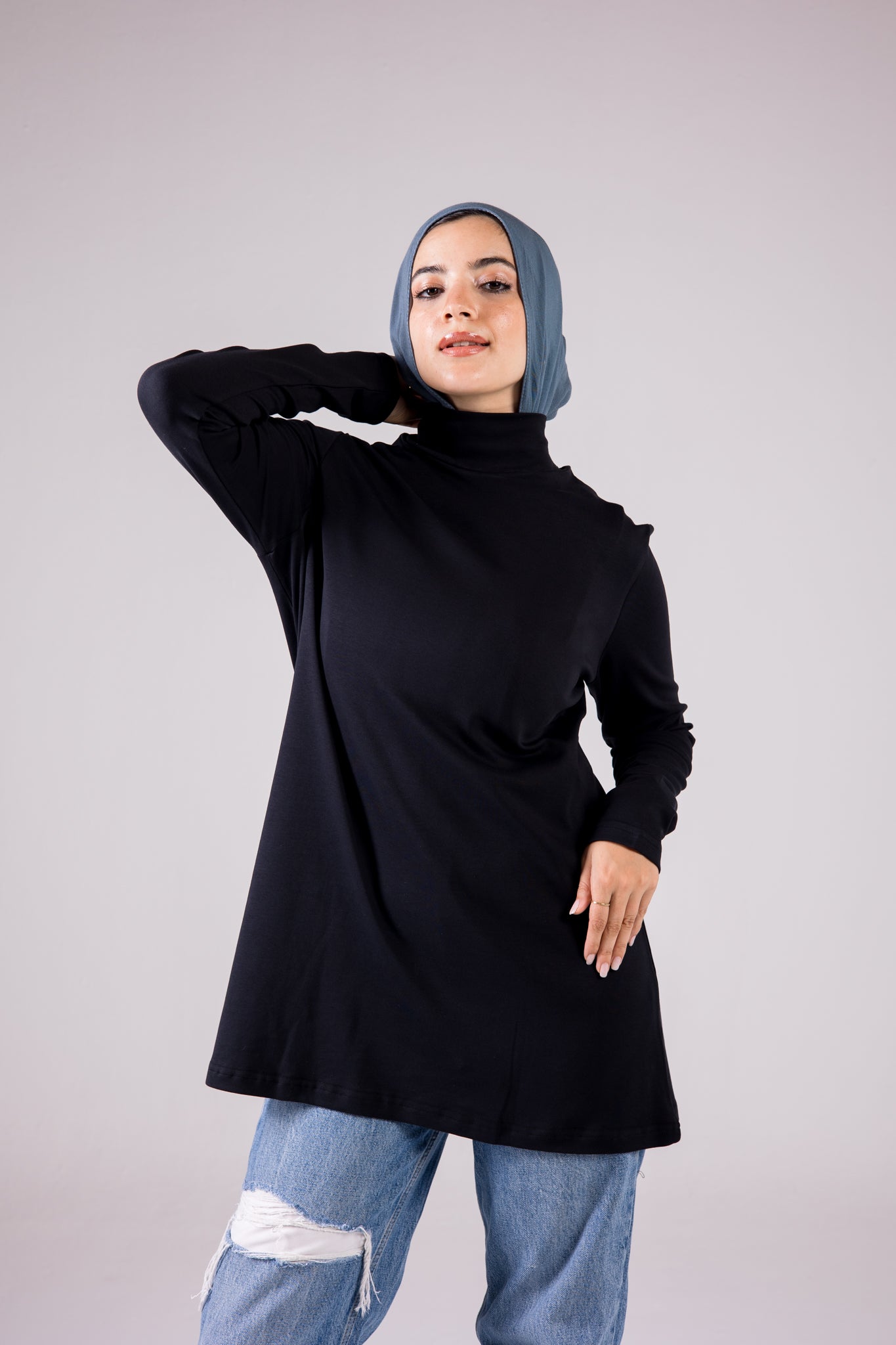 Long-sleeve Cotton Turtleneck Medium-length Top