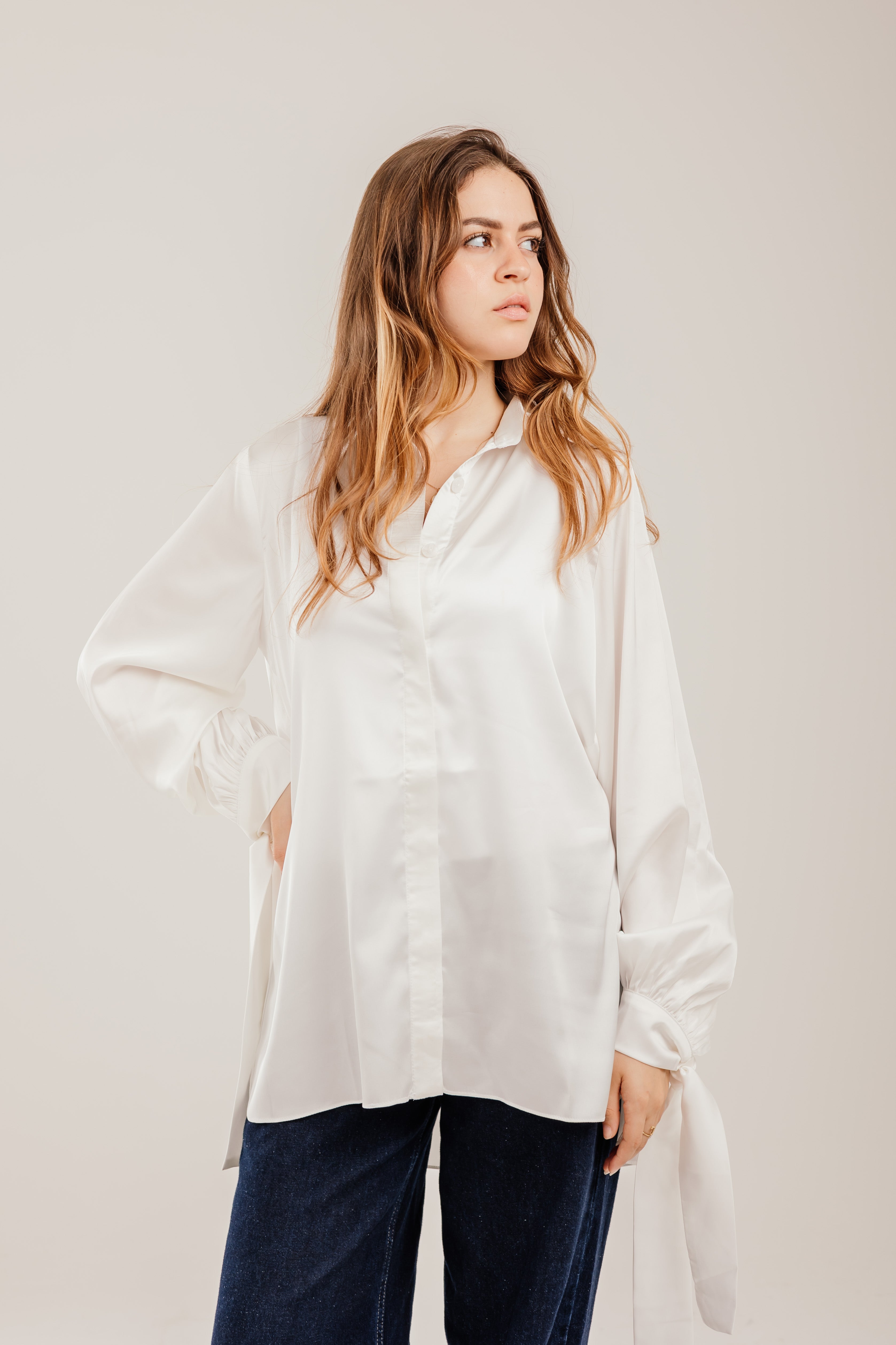 Puff-Sleeve Shirt with Ribbon