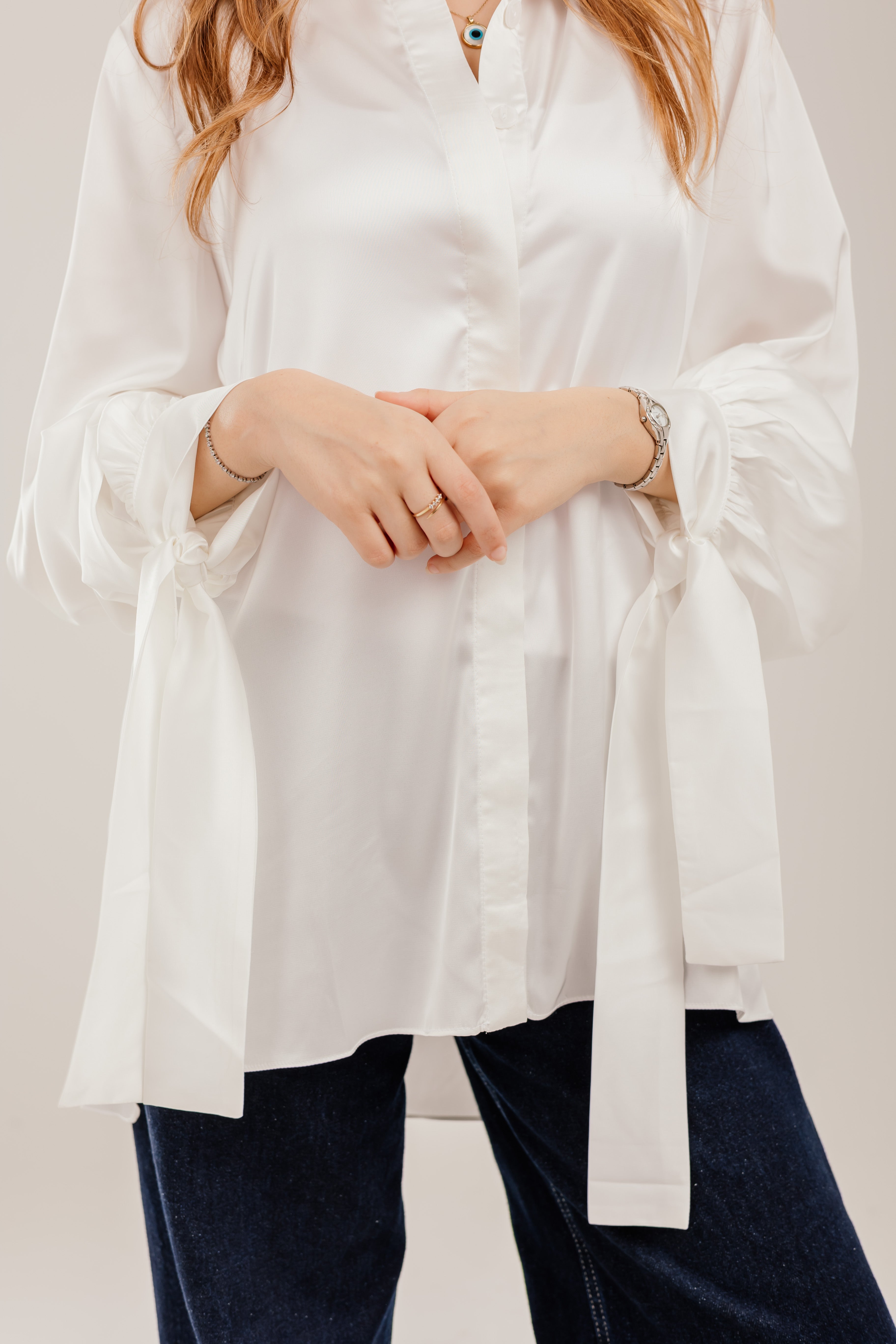 Puff-Sleeve Shirt with Ribbon