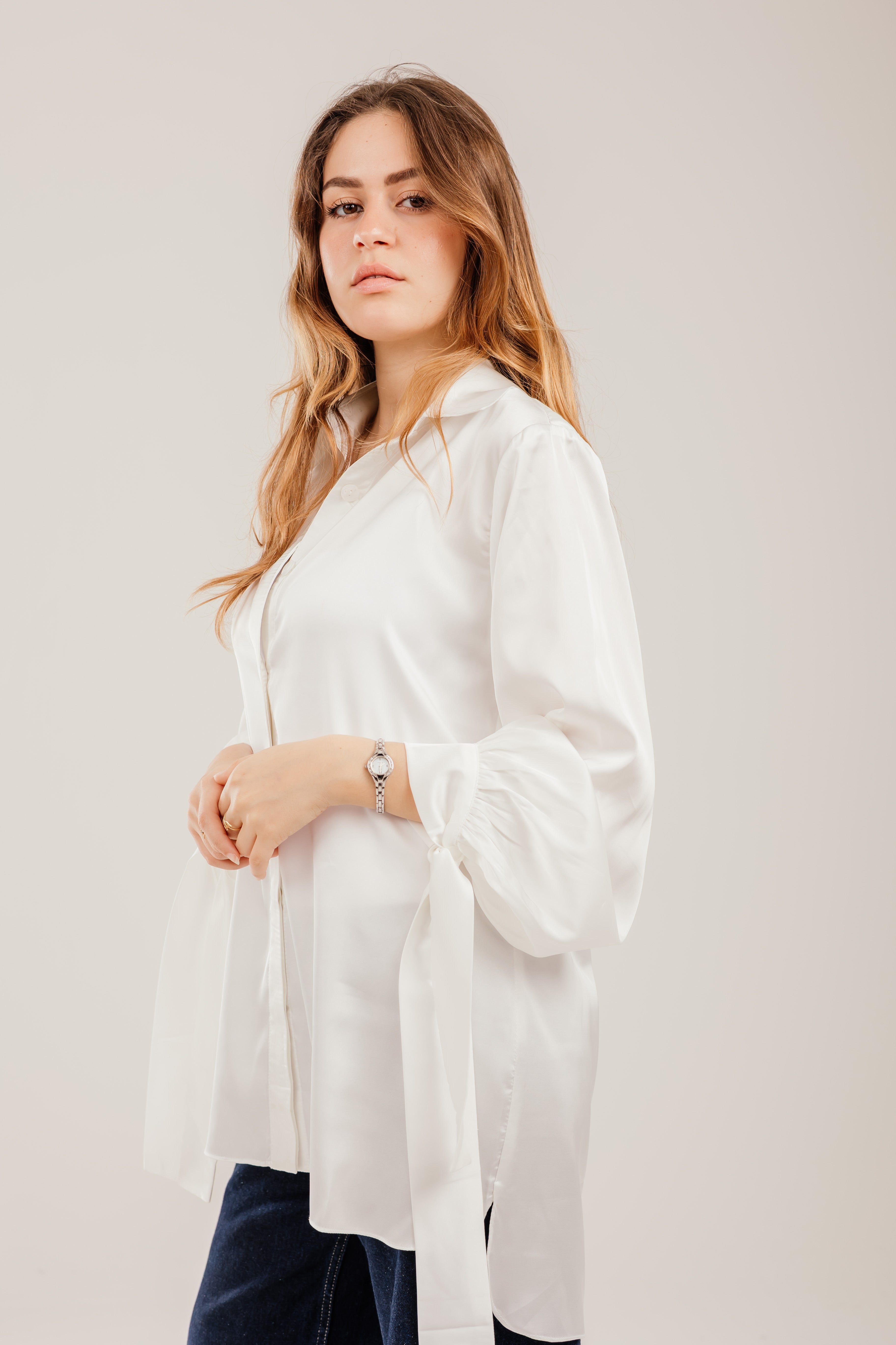 Puff-Sleeve Shirt with Ribbon