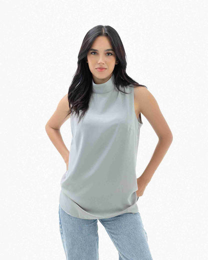 Warm grey Sleeveless Crepe Turtleneck Short-length Top